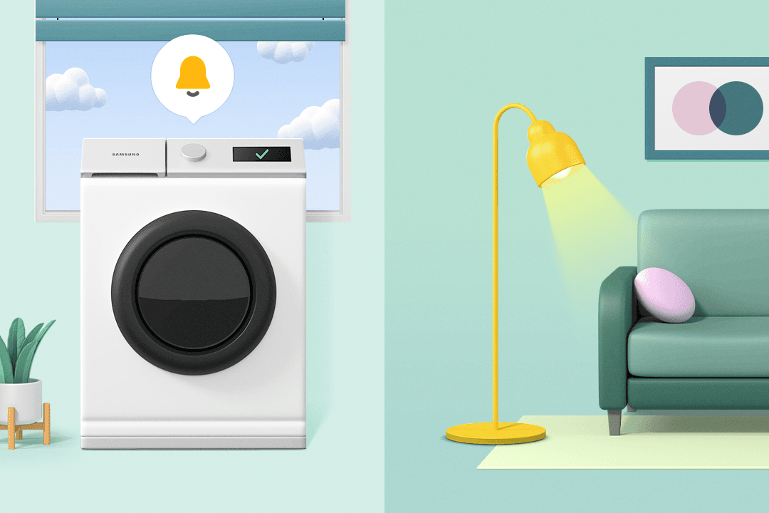 Lights in the living room change when the washing machine has completed its cycle.