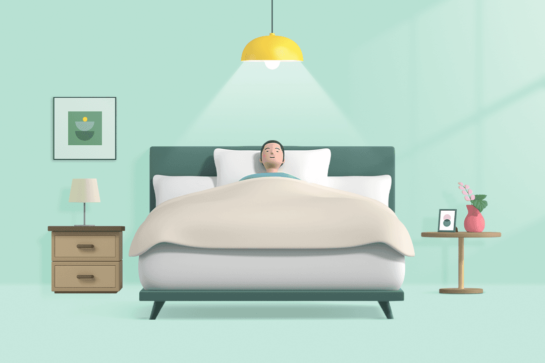 A man lies on the bed in his room, in which the lights are turned on in the morning.