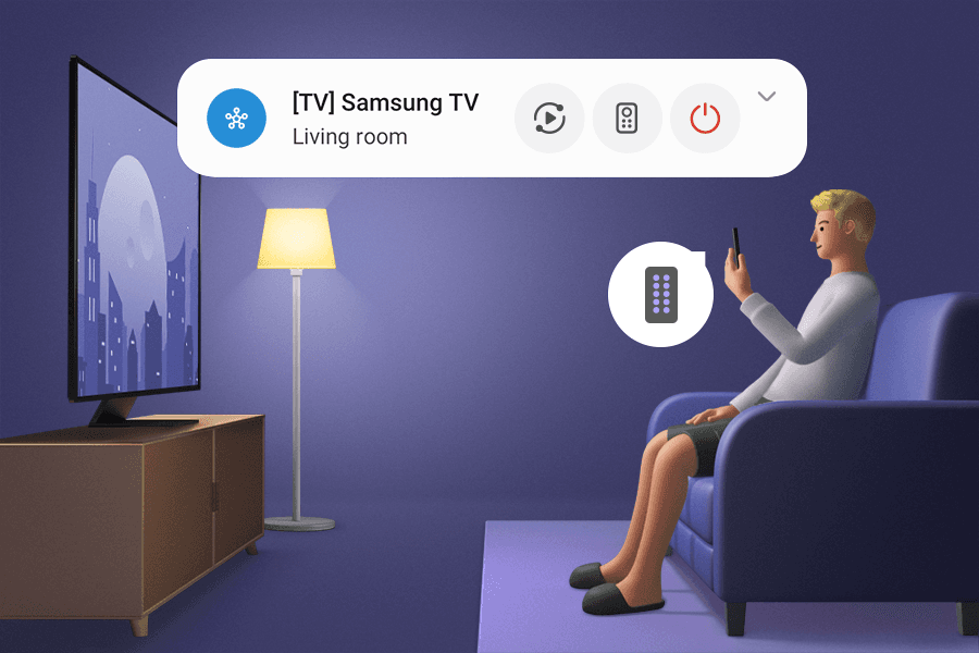 소파에 앉아 핸드폰을 리모컨으로 사용하여 TV를 제어하는 남자