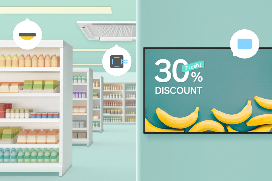 Les lumières, le climatiseur et la TV fonctionnent et passent en mode veille en fonction des horaires d’ouverture de magasin.